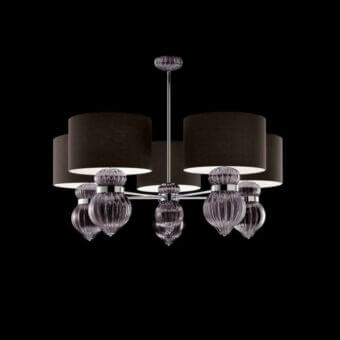 Distinguished Barovier&Toso Medina suspension lamp with black textile shades and clear ribbed glass elements in a sleek metal frame