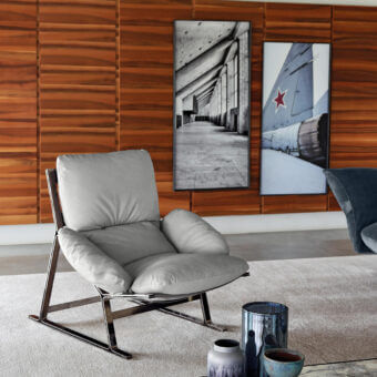 Distinguished Arketipo Belair lounge chair with light gray textile upholstery and black nickel metal structure
