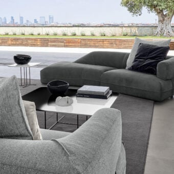 Superior Arketipo Starman sofa with wood structure and dark gray textile upholstery exhibiting clean contours and a matte finish