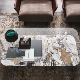Superior Cattelan Italia Biplane coffee table with clear glass and swirling Marmi ceramic in whites, grays, and gold tones crafted with a sleek steel frame