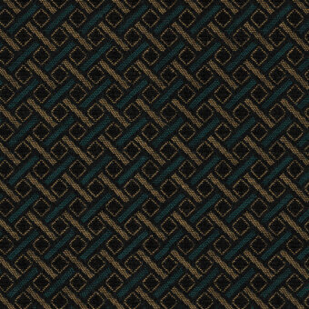 Geometric pattern with teal and gold accents on a dark background, featuring interlocking squares and rectangles in a dense, repeating layout.