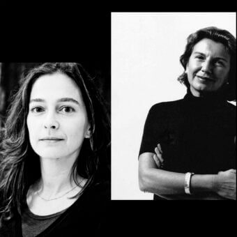 Black and white diptych portraits of two women with dark hair, one serious and one smiling, wearing dark clothing and minimal jewelry.