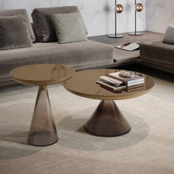 Superior Reflex Accademia side table with bronze mirror glass top and amber-toned blown Murano glass conical base