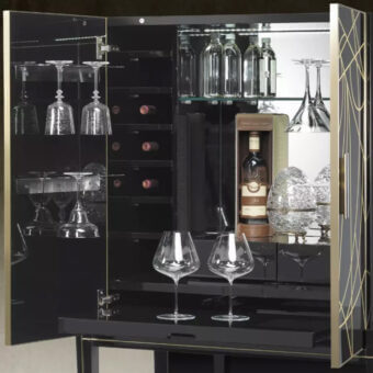 Lavish Reflex Belle Epoque bar cabinet with shiny lacquered wood, gold engravings, mirrored glass, and gilded metal accents crafted in Italy