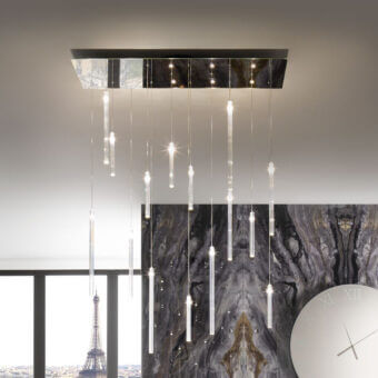Distinguished Reflex Comete suspension lamp with mirrored glass canopy and illuminated transparent glass rods crafted in Italy