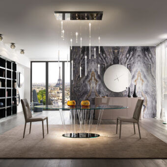 Exceptional Reflex Comete suspension lamp with mirror glass canopy and transparent glass pendant elements built with LEDs