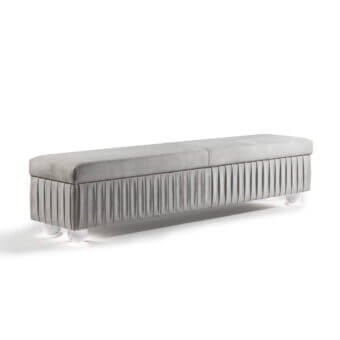 Exquisite Reflex Plissé bench with light gray pleated fabric and uniquely textured clear Murano glass sphere-feet crafted in Italy