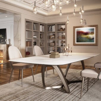 Distinguished Reflex Segno table with a Marmoreflex/Legnoreflex top and wing edge, built with a light metallic sculptural base