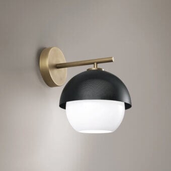 Brass Venicem wall lamp with horizontal arm, black perforated dome, and white glass globe, studio shot.
