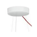 Canopy light fixture, white metal, circular shade with recessed edge suspended by three white legs and a red wire.