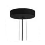 Canopy ceiling light, black metal, circular shade with ruffled edge and three slender downward-extending rods, studio shot.