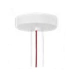 Canopy light fixture, white matte finish, circular shade suspended by two white rods with a central red stripe, minimalist design.