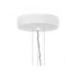 Canopy, white translucent acrylic, circular shape with three slender descending rods, minimalist geometric design, smooth diffused surface.
