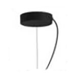 Canopy light fixture, black fabric shade, circular shape with gathered edge, suspended from silver metal rod, minimalist design.