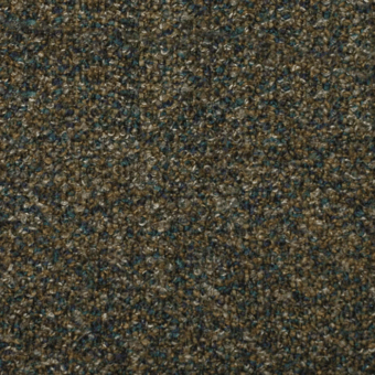 Heathered fabric sample with muted brown, tan, and blue tones displaying a dense, granular, tightly woven texture and slightly raised nubby surface.
