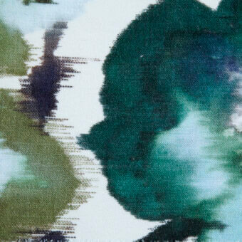 Malvasia textile pattern, teal and olive green watercolor, circular form with mottled texture and jagged vertical lines.