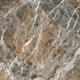 Variegated stone texture with warm brown and gray tones, featuring irregular white veins in a swirling, organic pattern and polished sheen.