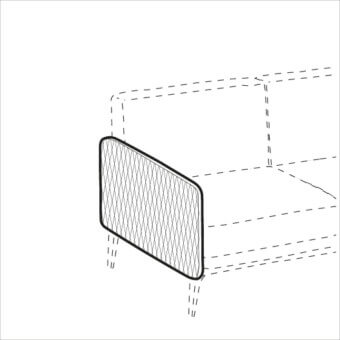 Chair armrest quilted dark frame rectangular shape, shown with dashed chair outline on white background.