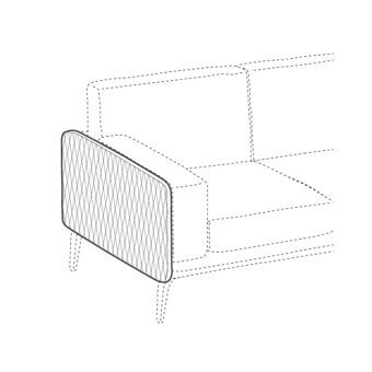 Sofa line drawing, white quilted armrest, minimalist design with rectangular seat, tapered legs, monochromatic studio shot.