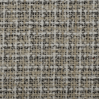 Textile sample, off-white and gray tweed, dense weave with irregular heathered pattern and visible horizontal-vertical thread structure.