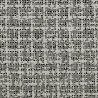 Gray tweed fabric texture displaying an irregular grid pattern with horizontal off-white stripes and a matte, nubby surface.