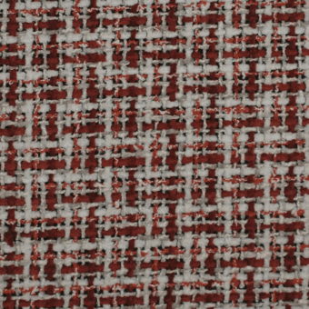 Woven fabric sample, rust red and off-white, displays a grid pattern with horizontal bands and a nubby, textured surface.