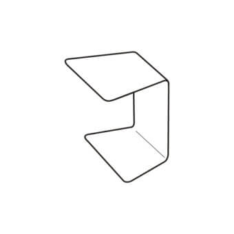 Minimalist table line drawing, black on white, cantilevered rectangular top with curved C-shaped open frame base, modern design aesthetic.