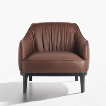 Lavish Potocco Blossom lounge chair with solid ash wood base and supple matte brown leather upholstery