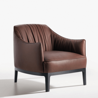 Distinguished Potocco Blossom lounge chair with solid ash wood base and deep brown leather upholstery crafted with vertical pleating