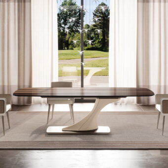 Innovative Reflex Archimede table with Wood glass tabletop showcasing a striped pattern and glossy finish, built with cream leather and matte titanium