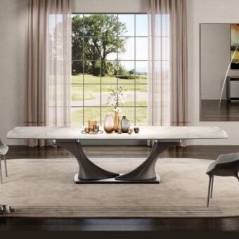 Innovative Reflex Archimede table with square-round Marble glass and a satin dark brass metal plinth built with Naturale or Nabuk leather legs