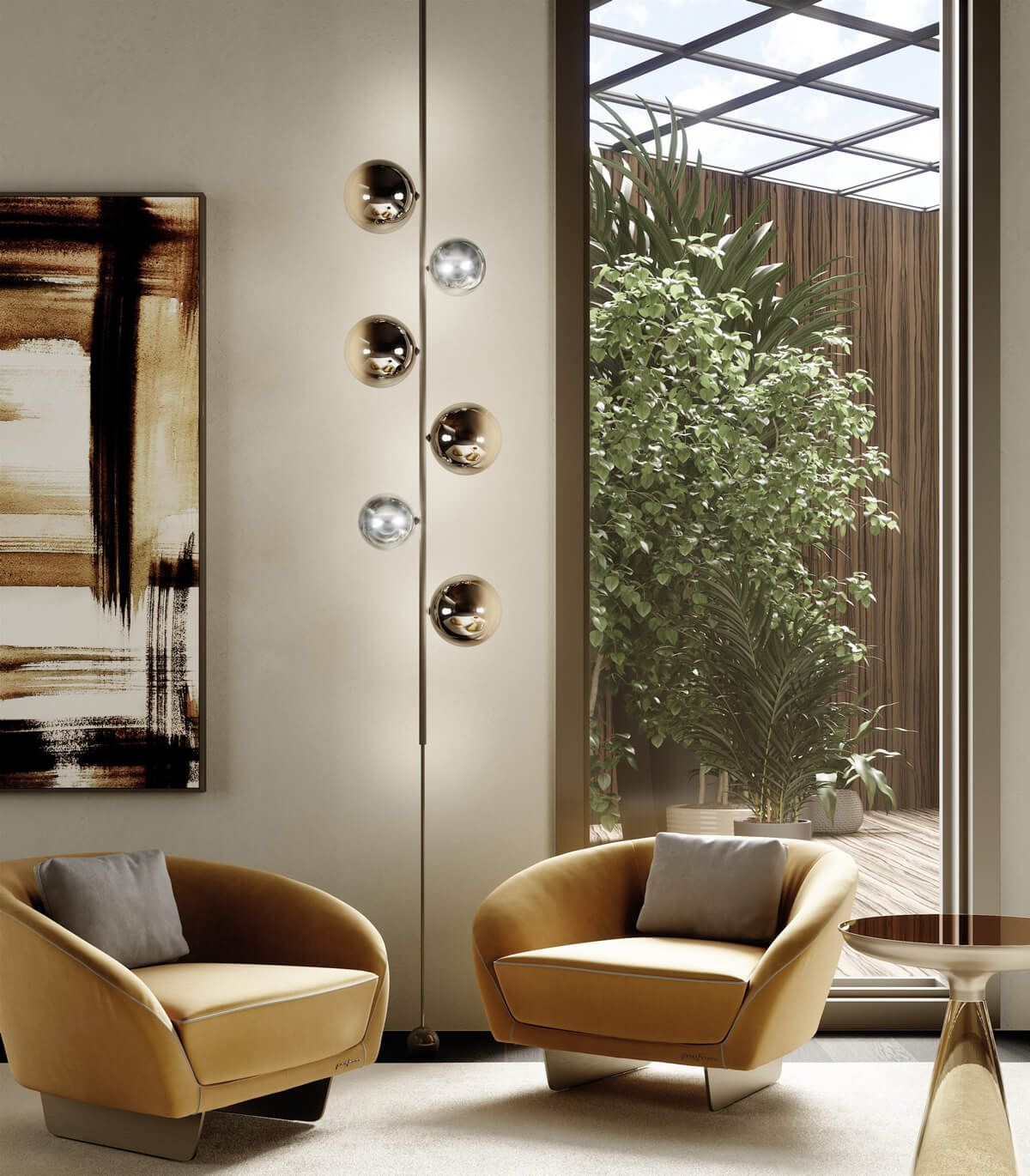Captivating Reflex Bulles XL lamp with a satin bronze metal structure and alternating reflective gold and silver spheres