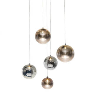 Captivating Reflex Bulles XL suspension lamp with borosilicate glass spheres and light filter finishes in bronze, silver, gold, and copper
