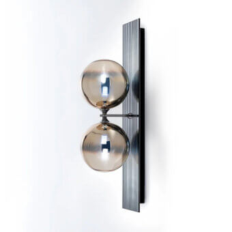 Sophisticated Reflex Bulles XL wall lamp with smoked mirror glass and satin metal support filtering warm metallic glass spheres