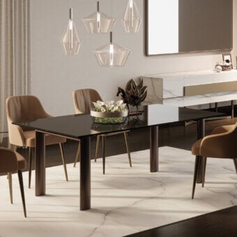 Exceptional Reflex Policleto table with transparent tempered glass top and smooth matte brown oval legs crafted in Italy