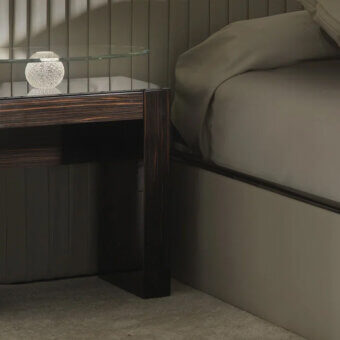 Exceptional Reflex Rialto nightstand with glossy dark brown wood and extra-clear glass top supported by transparent Murano glass with lighting