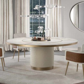 Superior Reflex Signore degli Anelli table with creamy white Marmoreflex finish and light beige quilted leather cylinder base