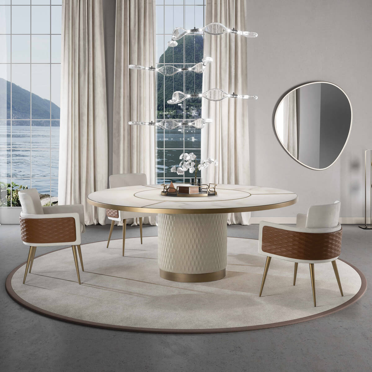 Elegant Reflex Signore degli Anelli table with lacquered wood top and quilted textured leather cylinder base with gold accent