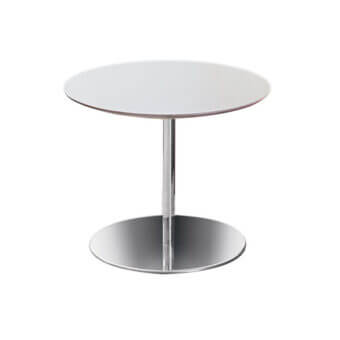 Stainless steel side table, circular design, with polished metal tabletop and base connected by a cylindrical stem.