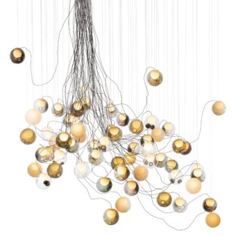 Exceptional Bocci 28 lamp composed of clear and amber glass spheres with milk white lamp holders in a black cable network