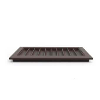HVAC register cover, dark brown metal, with thirteen vertical slats and a raised rectangular frame against a white backdrop.
