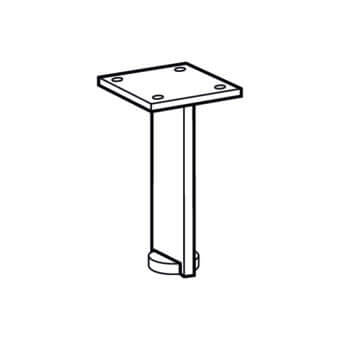 Furniture leg black line drawing, square mounting plate, tapered rectangular post, circular foot, technical illustration, white background.