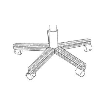 Chair base black and white line drawing, five-star design with cylindrical hub, wood-grain texture arms, rounded wheels.