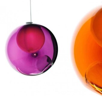 Distinguished Bocci 28 suspension lamp crafted in purple glass with a milk white interior and silver suspension rod