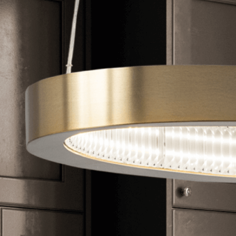 Elegant Masiero Libe Round suspension lamp with galvanised metal and chromed details in golden matte finish