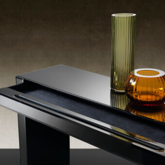 Distinguished Reflex Avantgarde console crafted in shiny lacquered wood with bevelled lacquered glass and glossy black finish