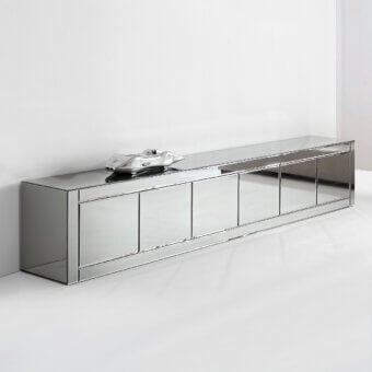 Avant-garde Reflex sideboard with shiny lacquered wood and beveled lacquered glass doors offering a silver mirrored surface