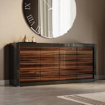 Avant-garde Reflex sideboard with horizontally-oriented doors in ebony wood and bevelled lacquered glass with glossy finish and integrated lighting