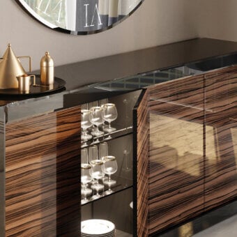 Avant-garde Reflex sideboard with dark brown ebony wood, bevelled lacquered glass doors and subtle LED illuminated glass shelves