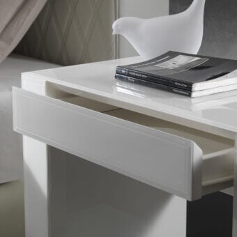 Innovative Reflex Avantgarde nightstand built in glossy white lacquered wood with bevelled lacquered glass construction